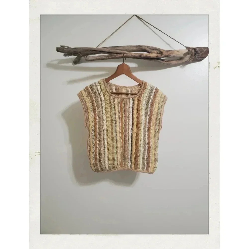 Vintage Yellow Brown Woven Knit Stripes Crop Hippie Small Boxy Handmade Top